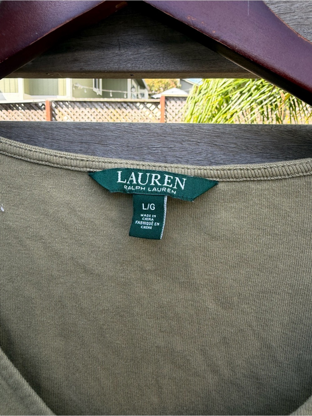 Lauren Ralph Lauren Olive Green V Neck Tee Large Cotton Rolled Sleeve Top - Picture 3 of 5